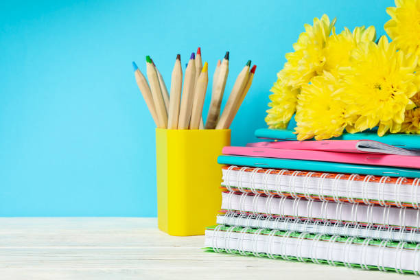 istock School supplies and chrysanthemums on blue background, space for text 1256999684