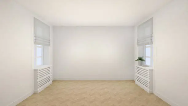 Empty white room interior modern style with windows and wooden floor. 3d Render