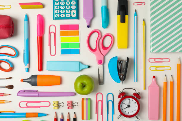 istock Flat lay with different school supplies on white background 1257000676
