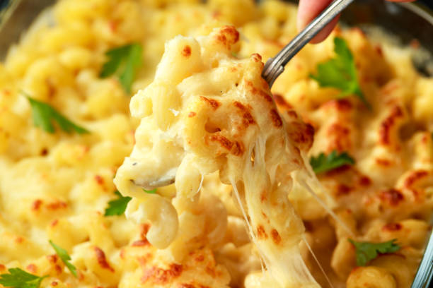 macaroni pasta and cheese bake with creamy bechamel sauce macaroni pasta and cheese bake with creamy bechamel sauce. cheesy grin photos stock pictures, royalty-free photos & images