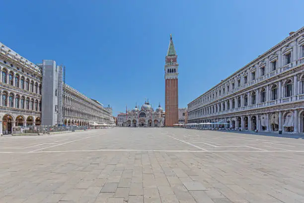 Picture of Plaza San Marco in Venice with Campanile and ST. Marcus Basilika during Crona lockdown without people in summer