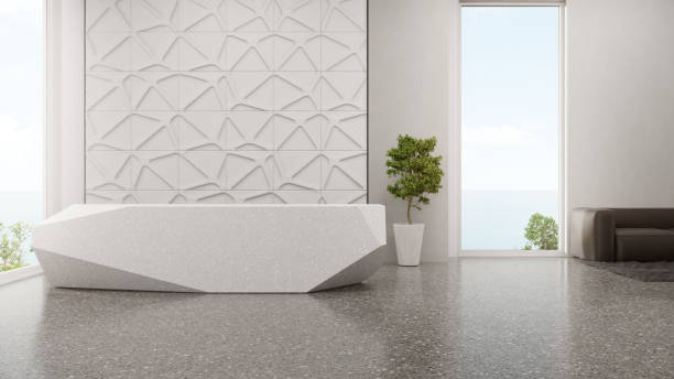 design d'interni di lusso dello showroom moderno con pavimento in terrazzo e sfondo a parete di piastrelle bianche vuote. - luxury hotel looking through window comfortable foto e immagini stock