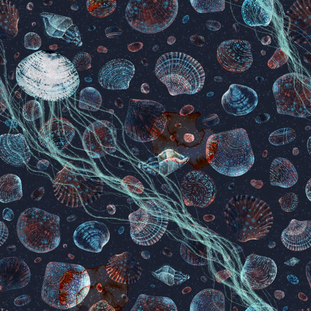 istock Watercolor marine abstract pattern with jellyfish and seashells on a dark background. For textiles, wrappers, covers, postcards and other designs. 1257007622