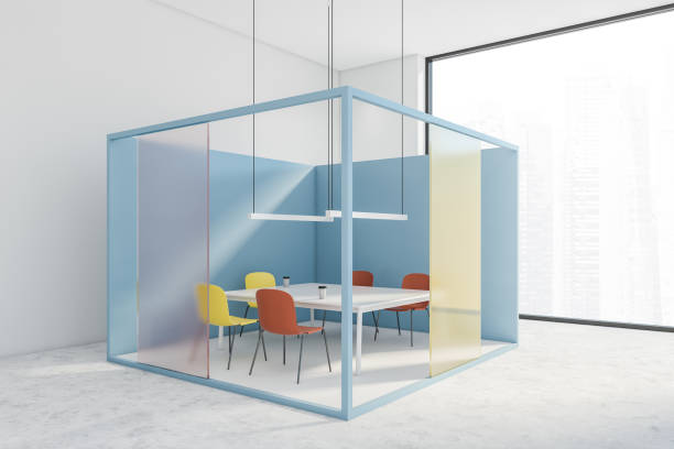istock Panoramic blue and yellow meeting room corner 1257009100