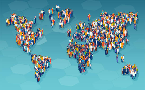 вектор большой группы разнообразных людей из разных стран, стоящих на карте мира - big country stock illustrations