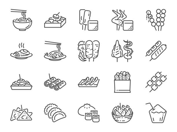 ilustrações de stock, clip art, desenhos animados e ícones de thai street food line icon set. included the icons as dumplings, skewer, sausage, grilled chicken wings, asian style, fruit bowl, pad thai and more. - chicken meat food chicken wing