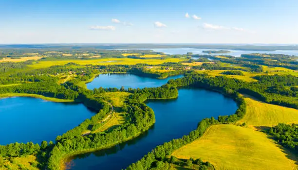 Aerial view of lakes in Narachanski National Park, Minsk region, Belarus