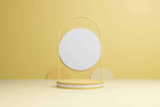 istock Abstract yellow product podium. Pastel light beige whiteboard presentation copy space, minimal geometric shapes. 3D rendering 1257013666