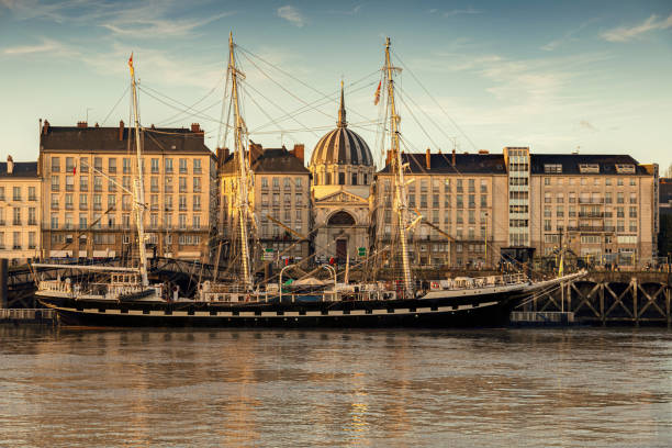 nantes, france 6th october 2019 old ship docked in nantes harbour - sailing ship nautical vessel rigging industrial ship imagens e fotografias de stock