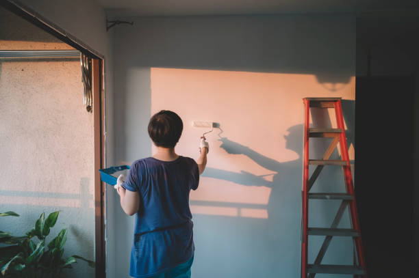 una asiática china media adulta hembra pintura de su sala de estar, renovación de apartamentos durante la puesta del sol - female house painter home decorator paintbrush fotografías e imágenes de stock