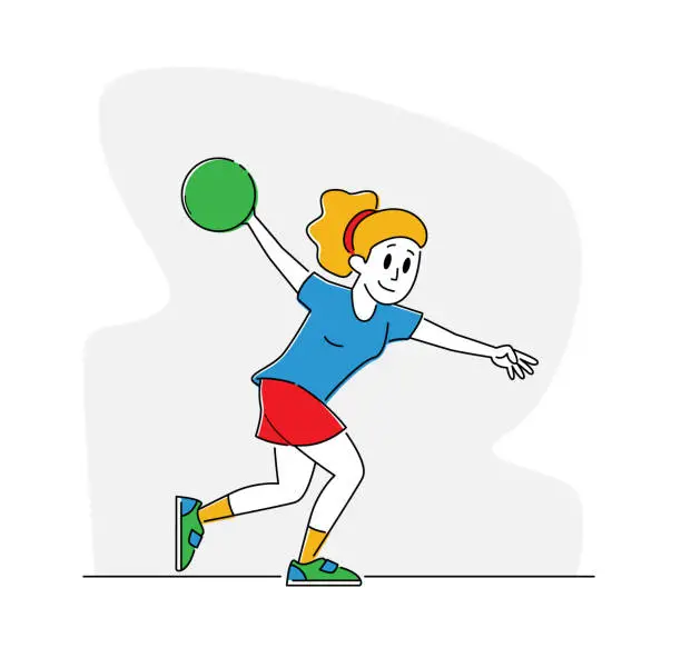 Vector illustration of Woman Wearing Glove and Shoes Spend Time in Bowling Club on Weekend, Relaxed Sparetime. Female Character Playing Bowling