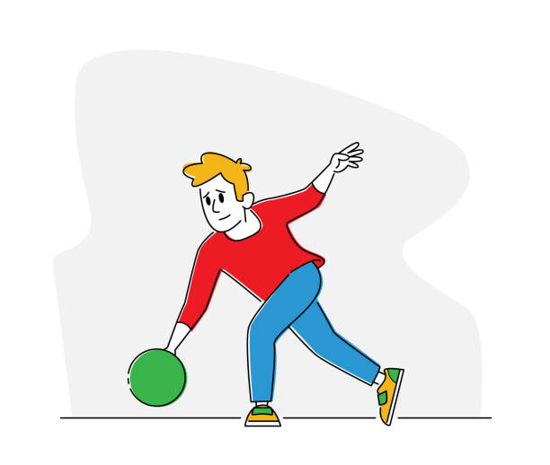 illustrazioni stock, clip art, cartoni animati e icone di tendenza di bowler personaggio maschile che indossa abiti casual lancia palla in bowling alley. competizione di gioco sportivo per giocatori professionisti - bowling ten pin bowling male sportsman