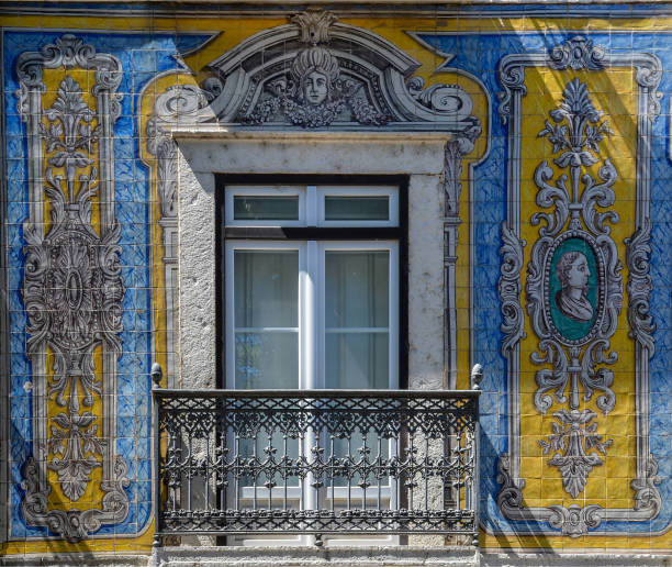 istock Typical portuguese window with ornamental tiles called 
