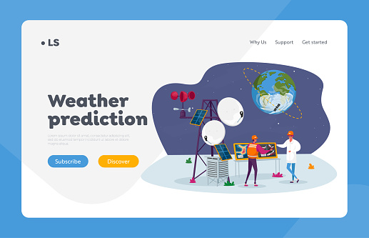 istock Meteorology Landing Page Template. Meteorologist Characters on Meteo Station near Transmission Tower with Satellite 1257019042