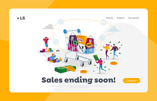 Buyers Characters at Seasonal Sale or Discount Landing Page Template. Cheerful Tiny Shopaholic People around Huge Trolley with Purchases and Gifts. Happy Shopping Fun. Cartoon Vector Illustration