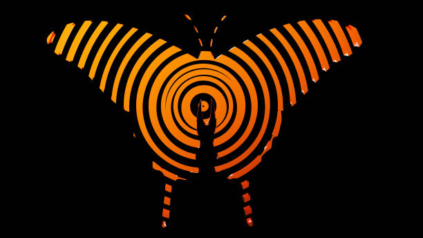 Illustration graphic of beautiful round or circle texture or pattern formation on the butterfly body shape, isolated on black background. 3d rendering abstract seamless loop neon effect on butterfly.