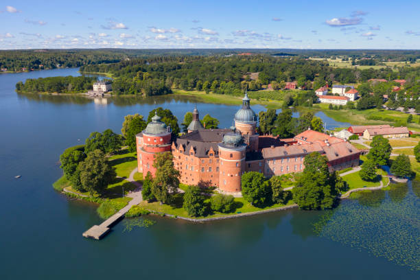Aerial view of Gripsholm Castle Aerial view of Gripsholm Castle (in swedish; Gripsholms Slott) at Lake Mälaren in the Södermanland county of Sweden. The construction of Gripsholm Castle was initiated in the 16th century. Today it houses the national portrait gallery. The castle is one of the twelve royal castles of Sweden. lake malaren photos stock pictures, royalty-free photos & images