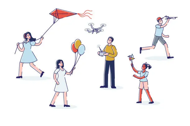 Vector illustration of Kids playing with air and wind toys: air balloons, kite, drone or quadrocopter and plane model