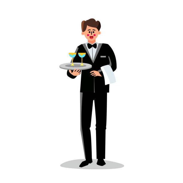 butler memegang nampan dengan kacamata koktail vektor - butler holding food ilustrasi stok
