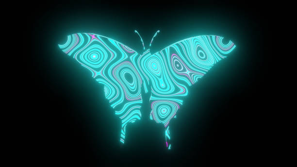 istock Illustration graphic of beautiful texture or pattern formation on the butterfly body shape, isolated on black background. 3d rendering abstract loop neon lighting effect on butterfly. 1257021070