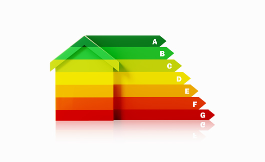 House symbol next to energy efficiency chart sitting over white background. Horizontal composition with copy space. Energy efficiency concept.