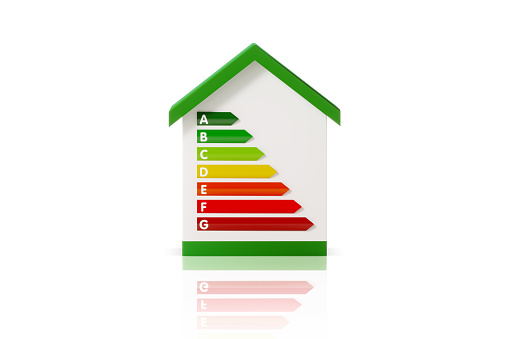 Energy efficient house symbol sitting over white background. Horizontal composition with clipping path and copy space. Energy efficiency concept.