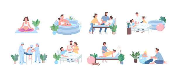 Alternative birth flat color vector faceless character set Alternative birth flat color vector faceless character set. Training for pregnant woman. Young couple with baby isolated cartoon illustration for web graphic design and animation collection childbirth stock illustrations