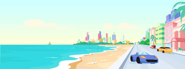 Miami beach at daytime flat color vector illustration Miami beach at daytime flat color vector illustration. Summer holiday in Florida. Seaside urban vacation. South beach panoramic view 2D cartoon landscape with skyline on background miami beach stock illustrations