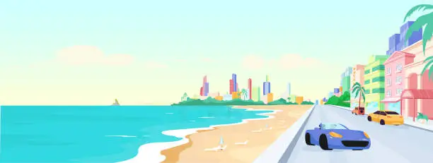 Vector illustration of Miami beach at daytime flat color vector illustration