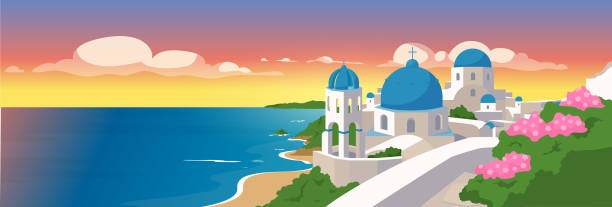 Santorini islands flat color vector illustration Santorini islands flat color vector illustration. Traditional white buildings with blue roofs in Greece. Greek architecture panoramic view 2D cartoon with seascape on background santorini stock illustrations