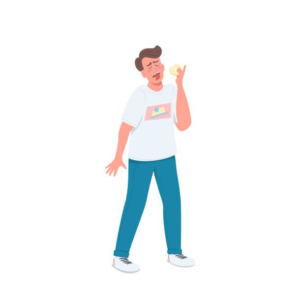 Bad taste flat color vector faceless character Bad taste flat color vector detailed character. Upset man. Facial expression of disgust. Displeased boy. Eating sour lemon isolated cartoon illustration for web graphic design and animation sour face stock illustrations