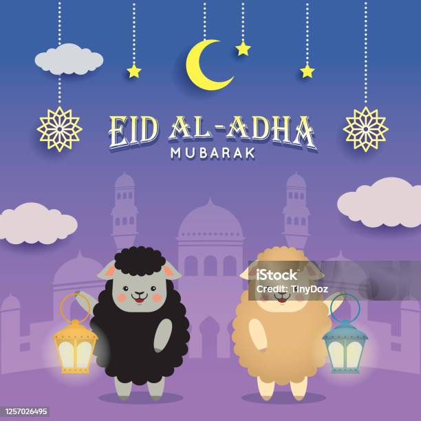 Eid Al Adha Cartoon Black Sheep And White Sheep With Mosque Fanous Lantern  Stock Illustration - Download Image Now - iStock