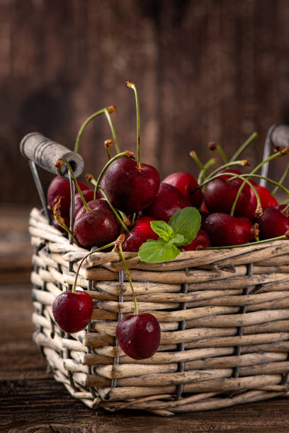 Black cherry in the basket. Copy Space