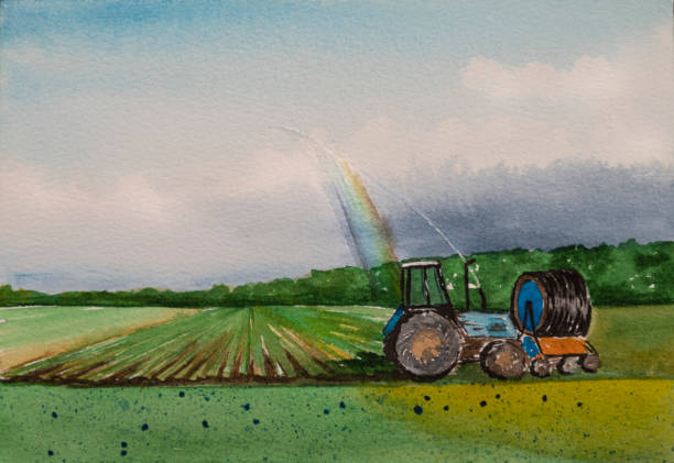 istock Watercolor large blue tractor watering sown 1257029126