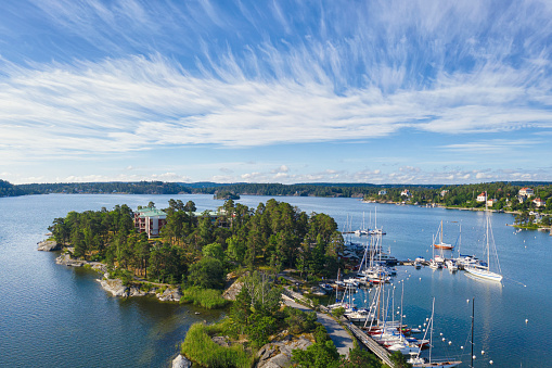 Aerial view towards Baltic Sea from Saltsjöbaden in the Nacka community of Stockholm, Sweden.