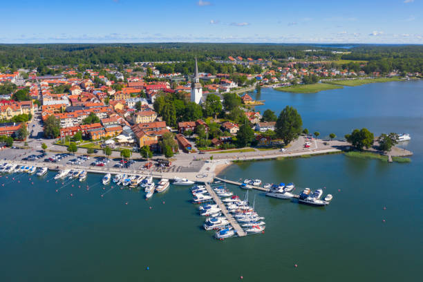 Town of Mariefred in Södermanland, Sweden Aerial view of the town of Mariefred on the shore of Lake Mälaren in the Södermanland county of Sweden. lake malaren photos stock pictures, royalty-free photos & images