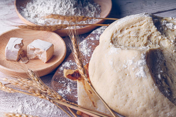 istock Fermented bread with spikes of wheat, flour and yeast 1257031470