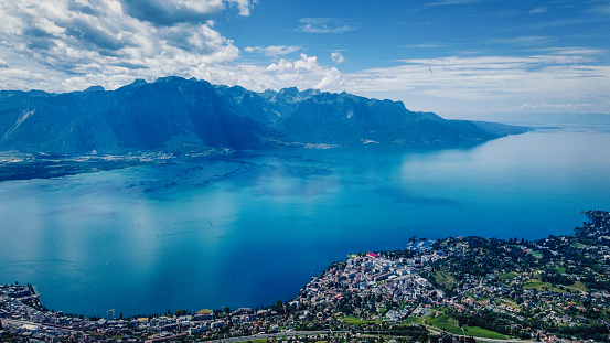 A panorama shot of Lake Geneva with Montreux and Clarens