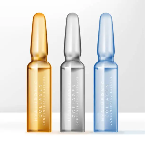Vector illustration of Vector Ampoules Bottle Container for Beauty or Skincare Product. Clear, Blue & Yellow.