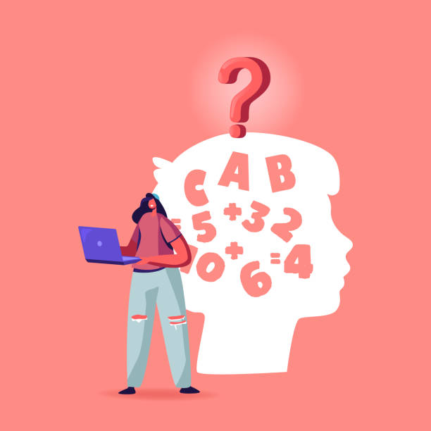 dysleksja choroba diagnoza concept. kobieta postać nastolatek z laptopem w rękach stoją na ogromne dziecko głowa sylwetka - dysleksja stock illustrations