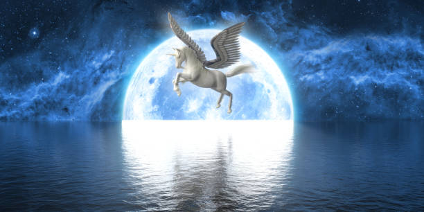 큰 보름달의 배경에 날개가있는 유니콘 - unicorn fantasy landscape animal 뉴스 사진 이미지