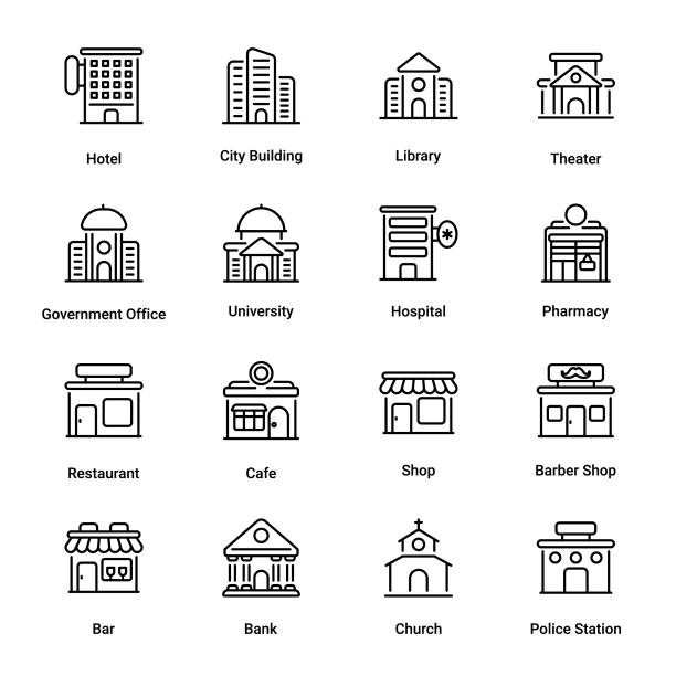 ilustrações de stock, clip art, desenhos animados e ícones de building - computer icon icon set hotel symbol