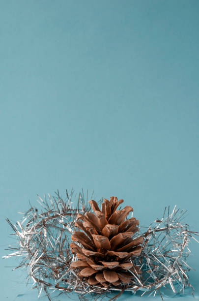 istock Pine cone and Christmas tree tinsel on light turquoise background. 1257039473