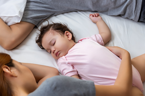 Cute little baby sleeping middle of parent while father and mother sleeping also in bedtime and mother embrace her toddler daughter with love on bed. Infant bay get comfortable and deep sleep top view