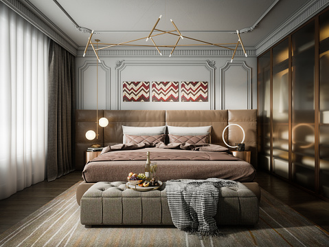 Digitally generated modern light luxury master bedroom interior design.

The scene was rendered with photorealistic shaders and lighting in Autodesk® 3ds Max 2020 with V-Ray 5 with some post-production added.