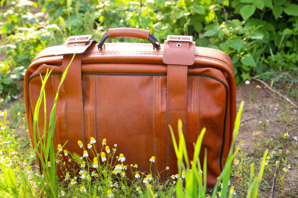 istock Old suitcase on the background of nature 1257040798