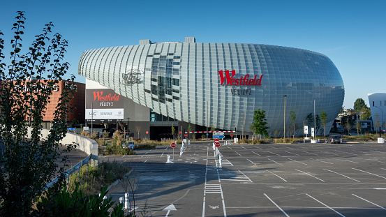 Exterior view of Westfield Velizy 2 regional shopping center with the new logo \