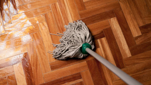 Mop on wooden floors Viewpoint scrubbing a wooden floor with gray mop by window parquet floor perspective stock pictures, royalty-free photos & images