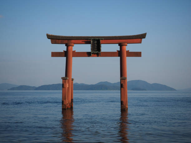 Torii close up A close up of the Shirahige Jinja Torii gate on Lake Biwa in Takashima, Japan on August 2017August 2017 otsu city stock pictures, royalty-free photos & images