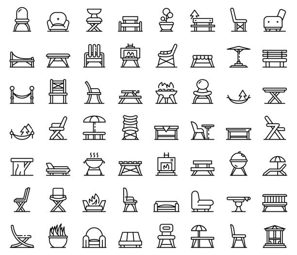 ilustraciones, imágenes clip art, dibujos animados e iconos de stock de conjunto de iconos de muebles de jardín, estilo de contorno - banco asiento